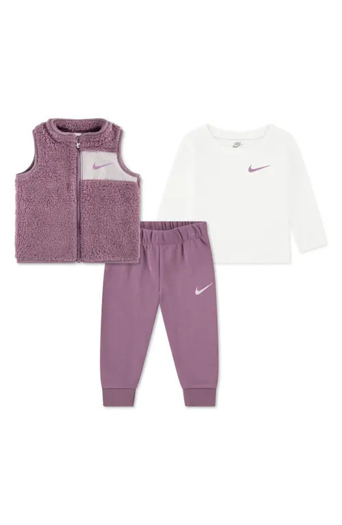Nike Fleece Vest, Graphic T-Shirt & Joggers Set in Plum Dust at Nordstrom, Size 12M | Nordstrom