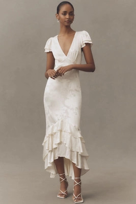 BHLDN Ruffle V-Neck Textured Midi Dress | Anthropologie (US)