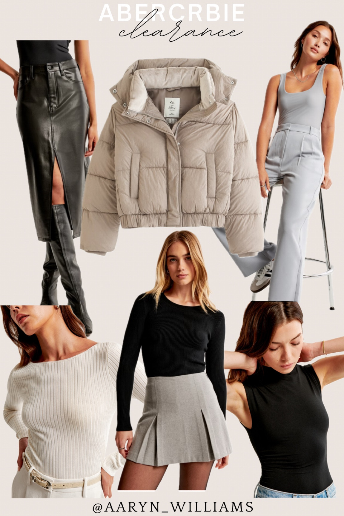 Abercrombie clearance! Black leather maxi skirt, taupe puffer jacket, tailored work pants, ribbed sweater, ottoman sweater top, bodysuit

#LTKfindsunder100 #LTKsalealert #LTKfindsunder50