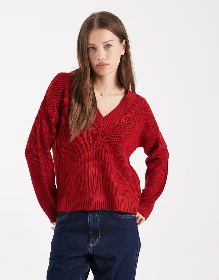 Brave Soul deep v neck fisherman knit jumper in red | ASOS (Global)