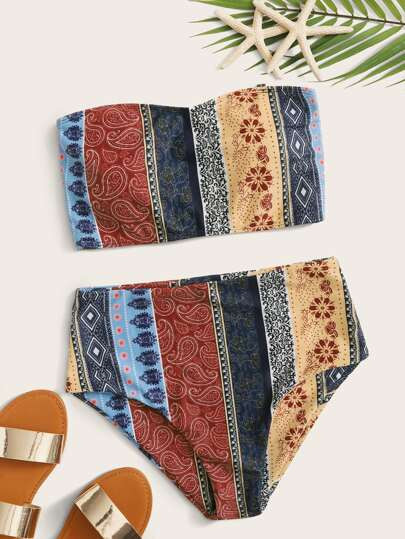 Tribal Bandeau With High Waist Bikini Set | SHEIN