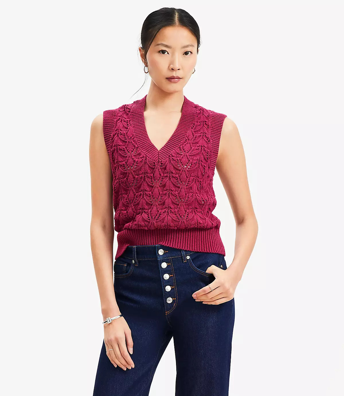 Pointelle V-Neck Sweater Vest | LOFT