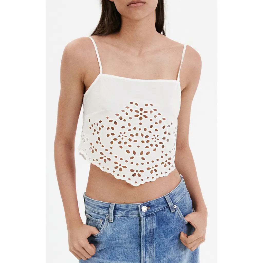 MANGO Embroidered Eyelet Crop Top in Off White at Nordstrom, Size Medium | Nordstrom