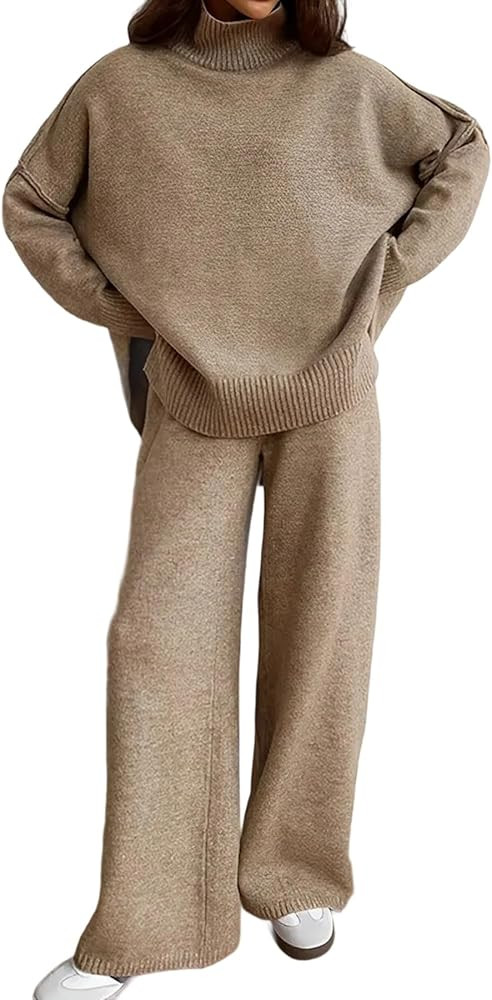 SHINFY Women's 2 Piece Outfit Fall Sweater Lounge Sets Mock Neck Knit Tops Wide Leg Pant Sweatsui... | Amazon (US)