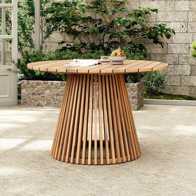 Outdoor Acacia Wood Patio Dining Table, 47.25" Large Natural Round Table with Pedestal Base, Wood Outdoor Furniture for Backyard, Balcony-Panipeachy | Target
