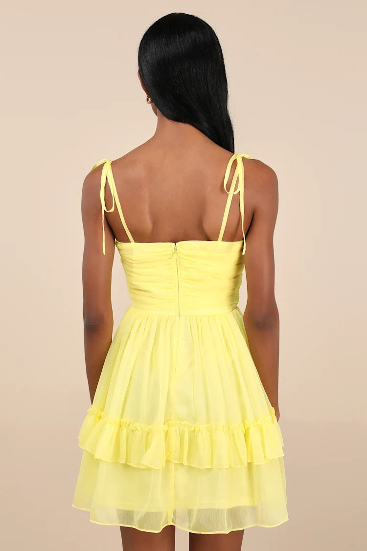 Angelic Approach Yellow Chiffon Ruffled Tie-Strap Mini Dress | Lulus