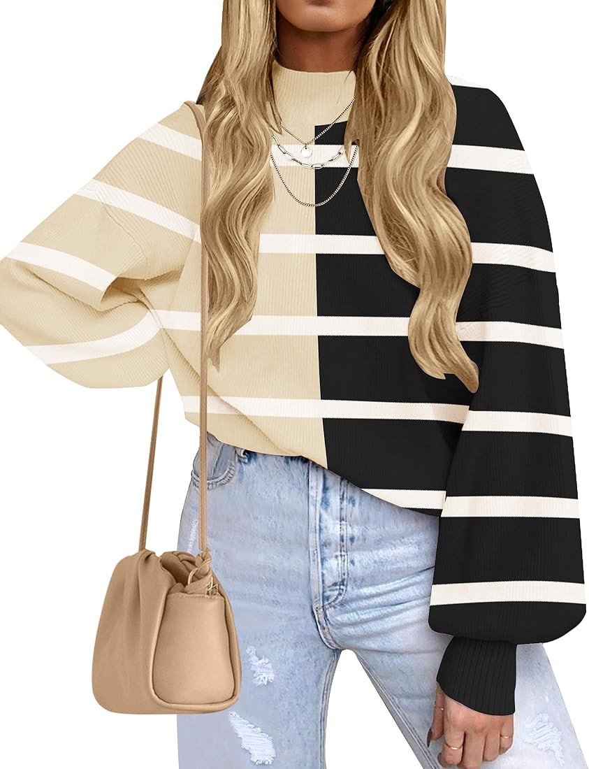 ZESICA Women's 2024 Fall Fashion Turtleneck Long Sleeve Striped Ribbed Knit Loose Pullover Sweate... | Amazon (US)