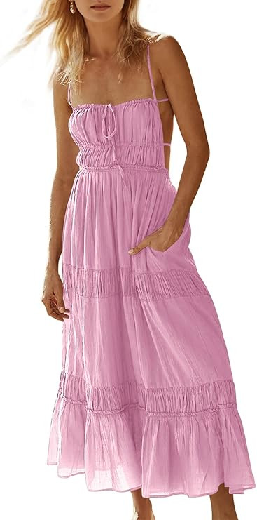 Wenrine Womens Summer Beach Dresses Backless Spaghetti Straps Self Tie Tiered Flowy Casual Maxi D... | Amazon (US)