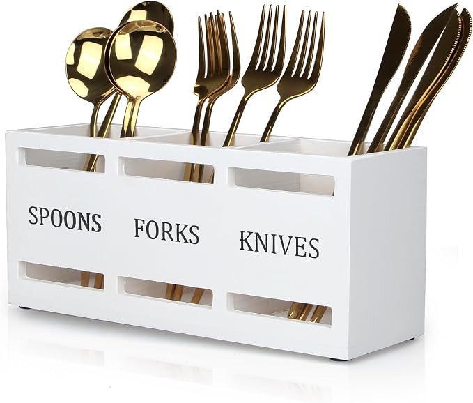 Wooden Silverware Cutlery Holder White Flatware Caddy Small Kitchen Utensil Holders for Party Woo... | Amazon (US)