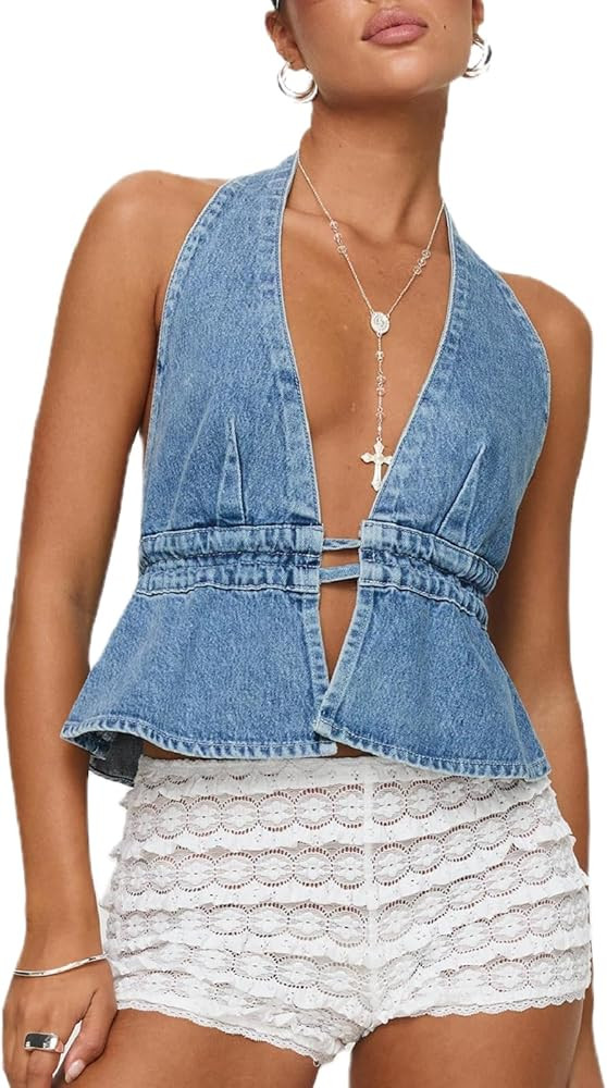 Denim Vest Top for Women Sexy Deep V Neck Halter Backless Tie Up Jean Vest Top Slim Fit Going Out... | Amazon (US)
