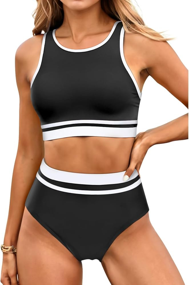 Yonique Women Sport Bikini Set for Teen Juniors Two Piece Swimsuit High Waisted Bathing Suit | Amazon (US)