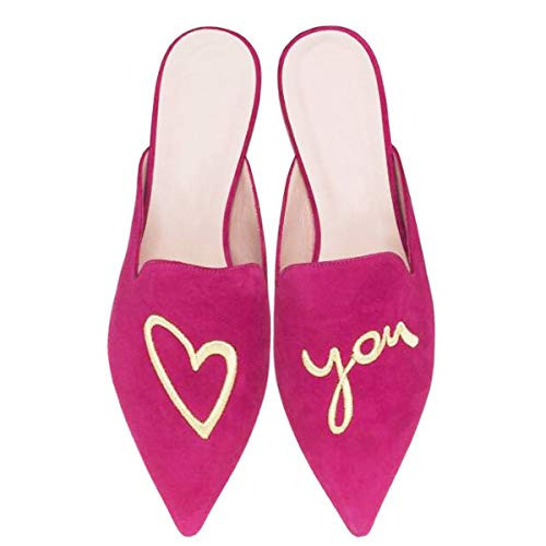 Fericzot Women's Velvet Backless Pointed Toe Slip On Loafers Flats Embroidery Mule Slippers Shoes Rose-Love U 11 | Amazon (US)