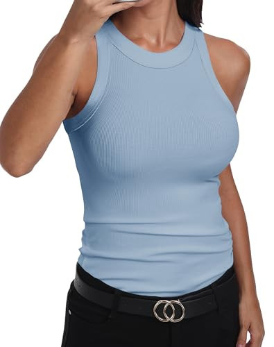 GEMBERA Womens Sleeveless Racerback High Neck Basic Ribbed Knit Fitted Tank Top Light Blue S | Amazon (US)