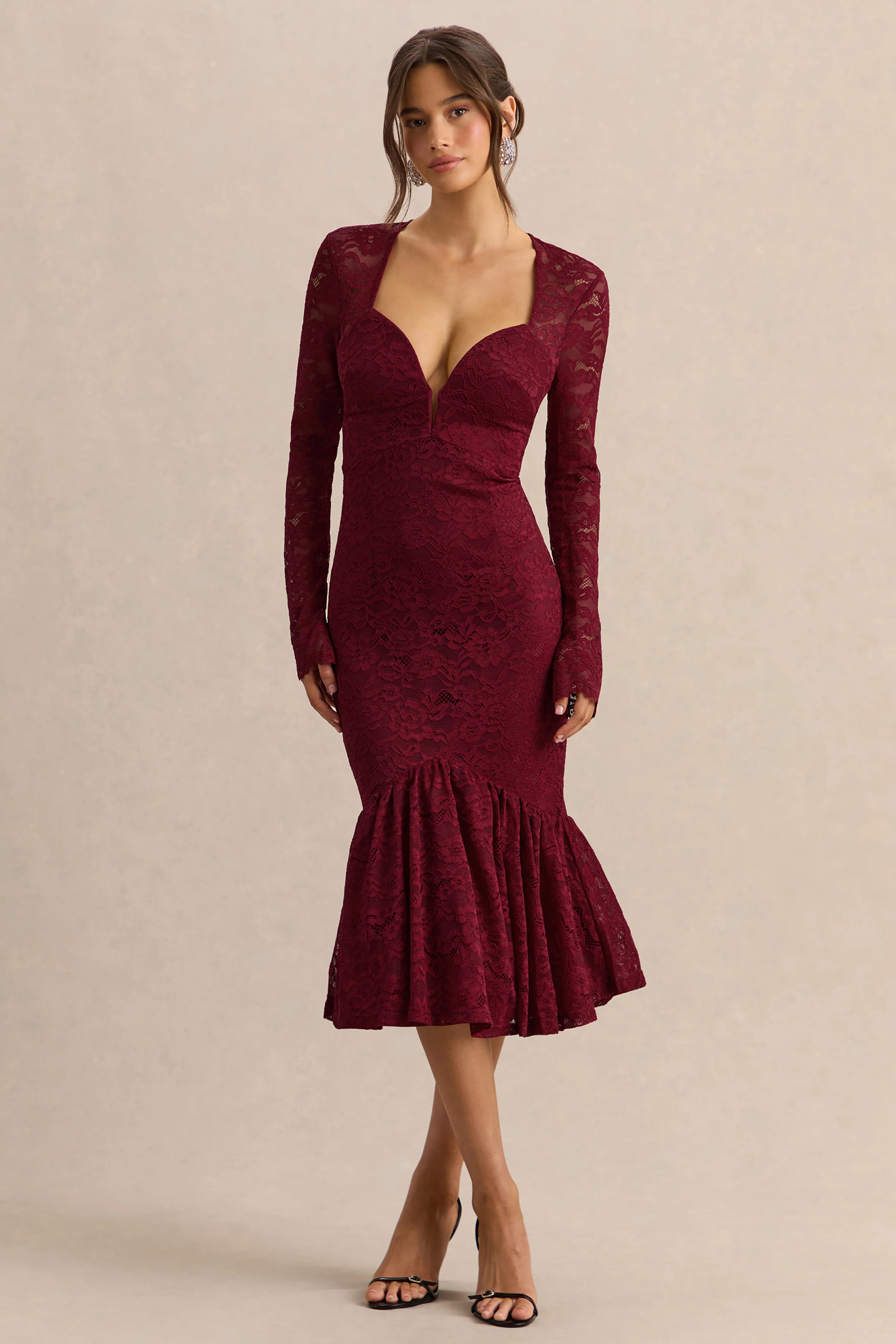 Camilly | Burgundy Lace Plunge-Neck Mermaid Midi Dress | Club L London