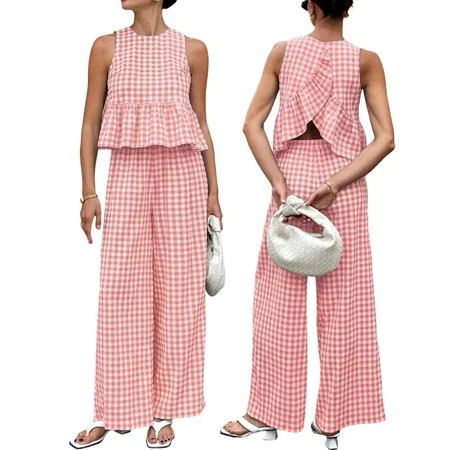 adaychics Gingham 2 Piece Set Women Ruffle Plaid Peplum Tops and Pants Matching Lounge Sets for Daily Wear Beach | Walmart (US)