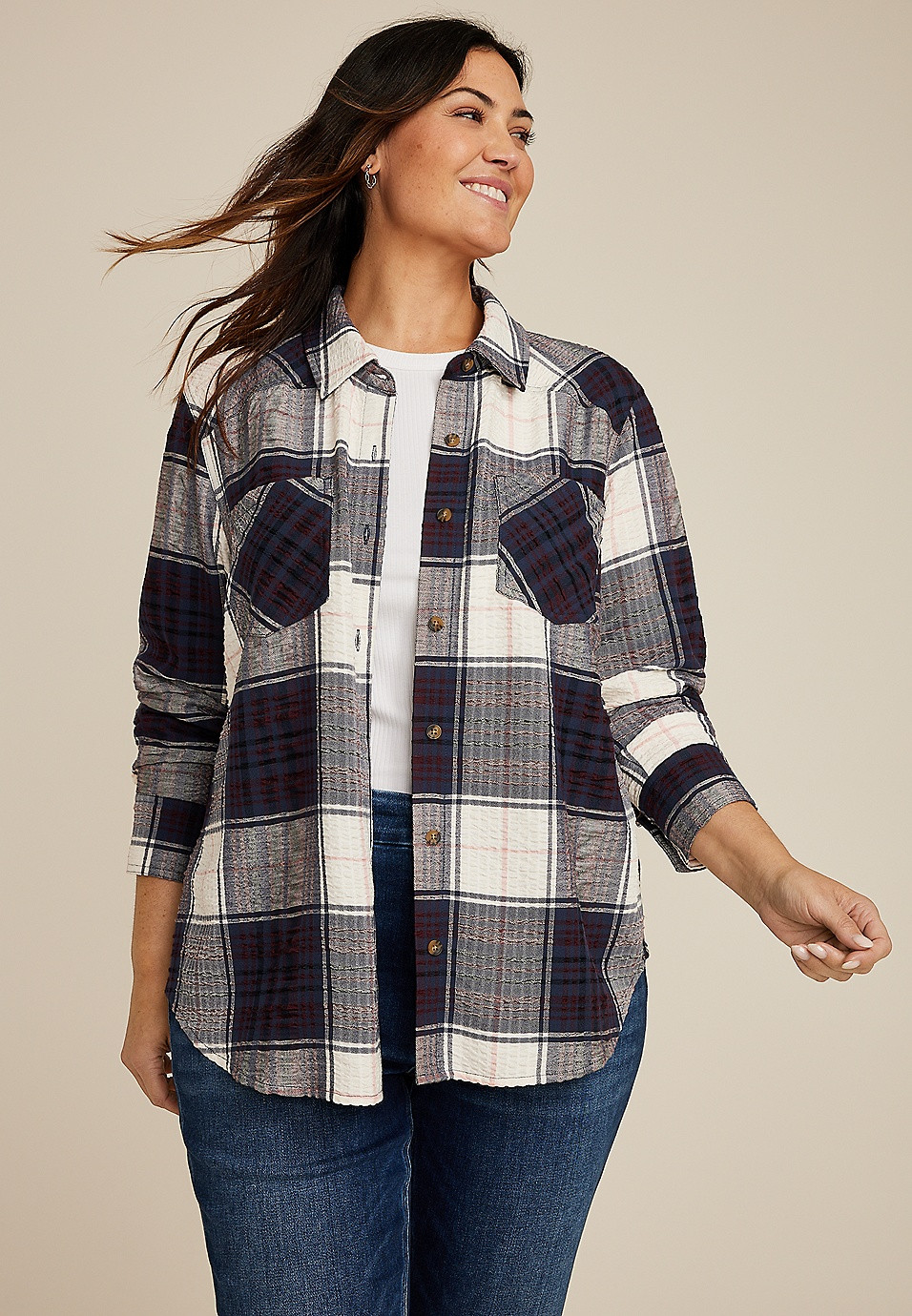 Plus Size Pucker Plaid Button Down Shirt | Maurices