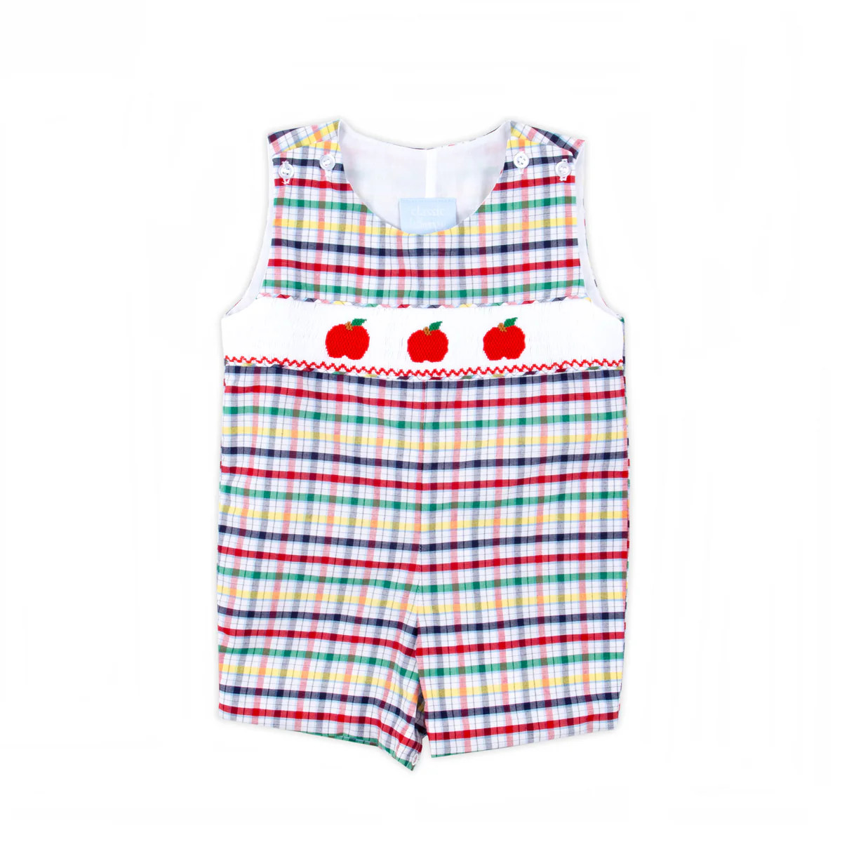 Apple Trio Primary Plaid Smocked Jon Jon | Classic Whimsy