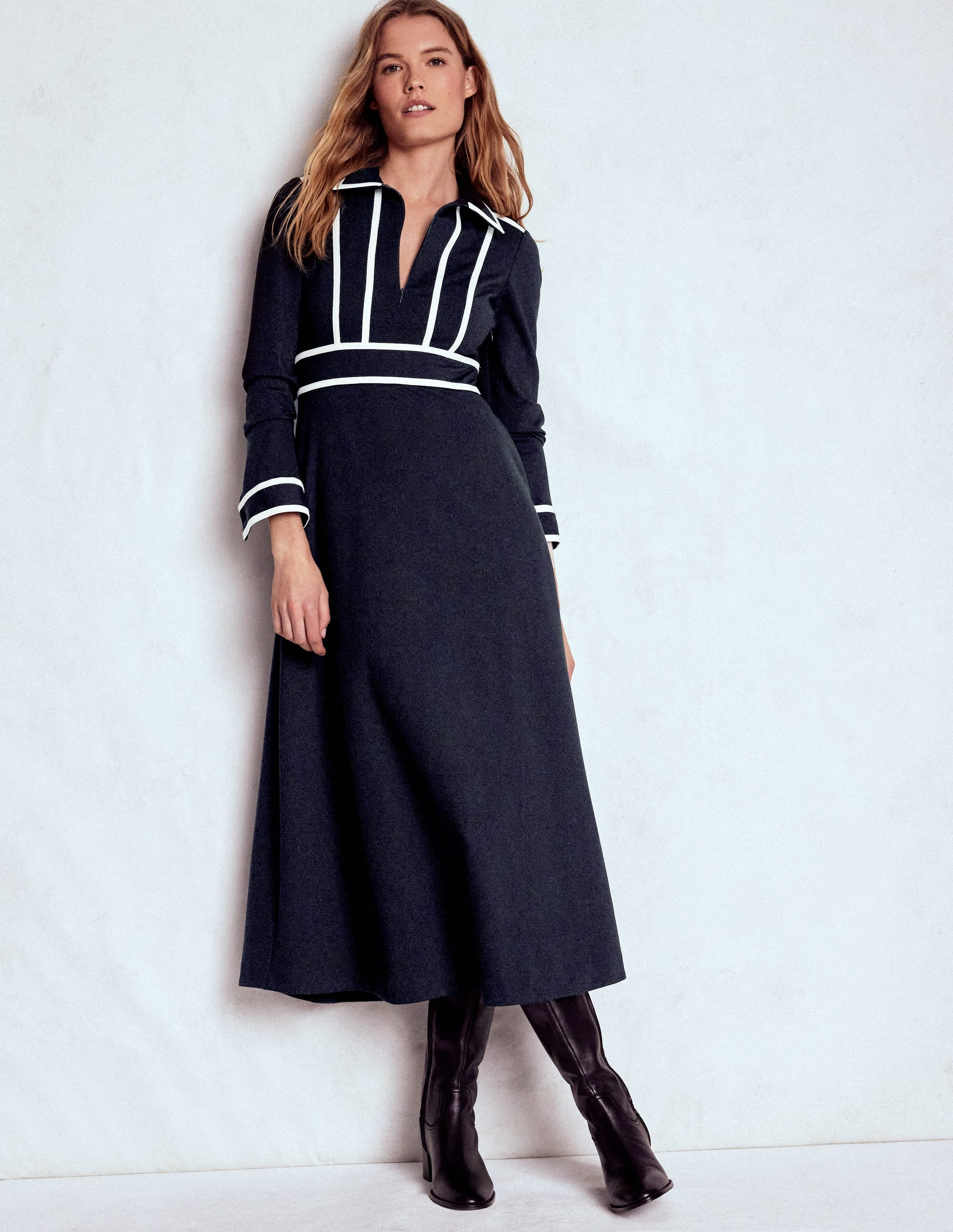 Contrast Ponte Midi Dress-Navy | Boden (US)