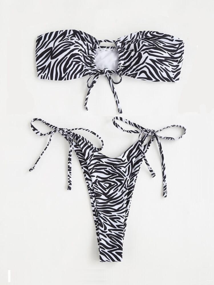 Zebra Stripe Tie Front Bandeau Bikini Swimsuit | SHEIN