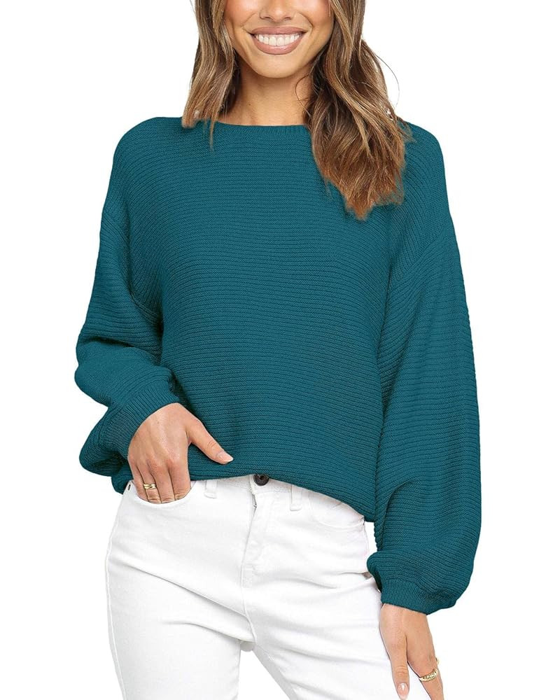 Coololi Women's Puff Sleeve Knit Pullover Ribbed Sweaters Crewneck Oversized Loose Casual Cozy So... | Amazon (US)