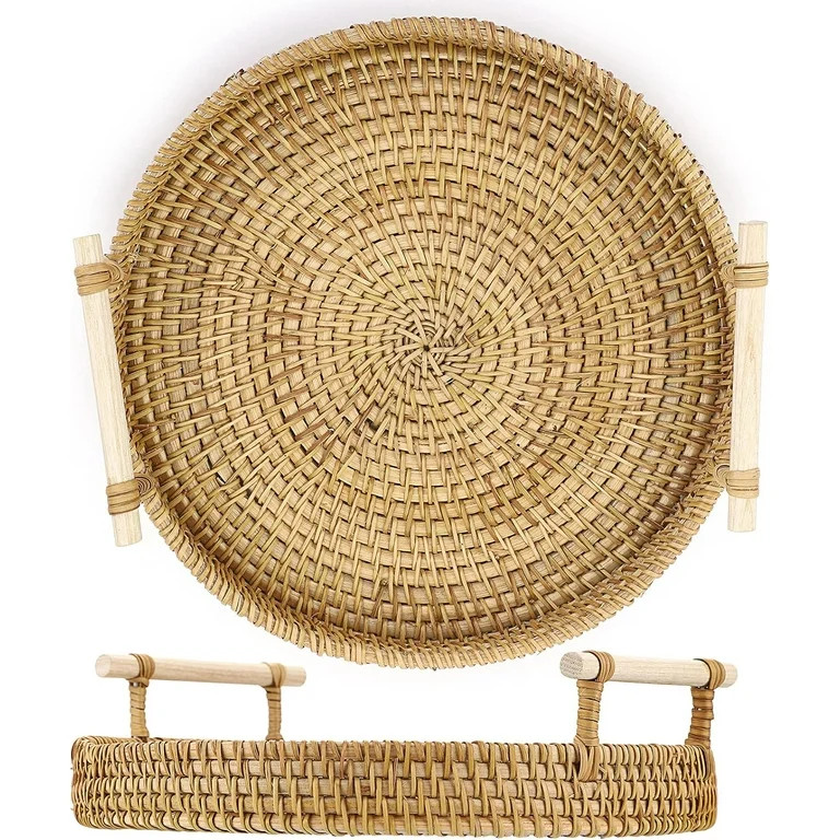 Small Round Rattan Serving Tray, Wicker Basket Tray with Handles Hand Woven Decorative Tray Baske... | Walmart (US)
