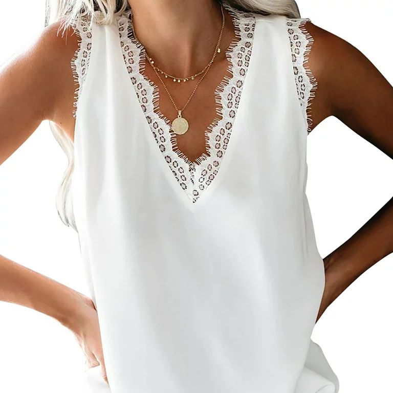 Rinhoo Women Summer Blouse Lace V Neck Tank Sleeveless Eyelash Top Vest, White, XL | Walmart (US)
