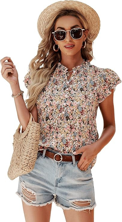 SweatyRocks Women's Casual V Neck Short Sleeve Frill Trim Blouse Shirt Top | Amazon (US)