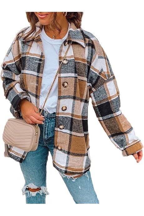 Hixiaohe Women's Casual Wool Blend Plaid Shirt Jacket Loose Button Down Shacket Coat | Amazon (US)