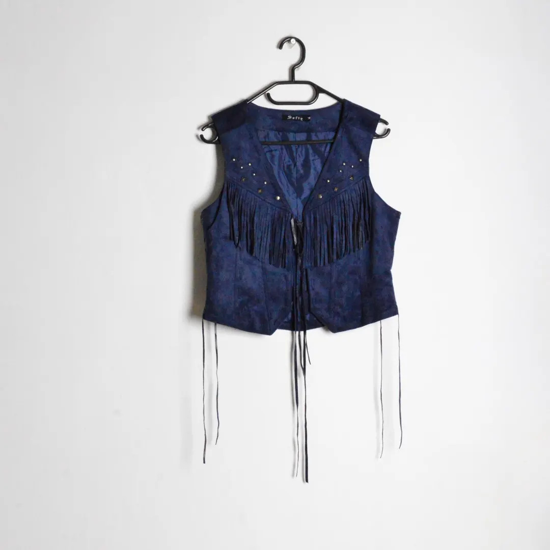 Vintage 90s Navy Blue Star Stud Fringe Faux Suede Cowboy Western Style Womens Vest Size Medium M ... | Etsy (US)
