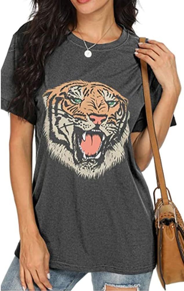 Womens Graphic T-Shirt Summer Tiger Printed Tee Short Sleeve Crewneck Tees Summer Casual Shirt To... | Amazon (US)