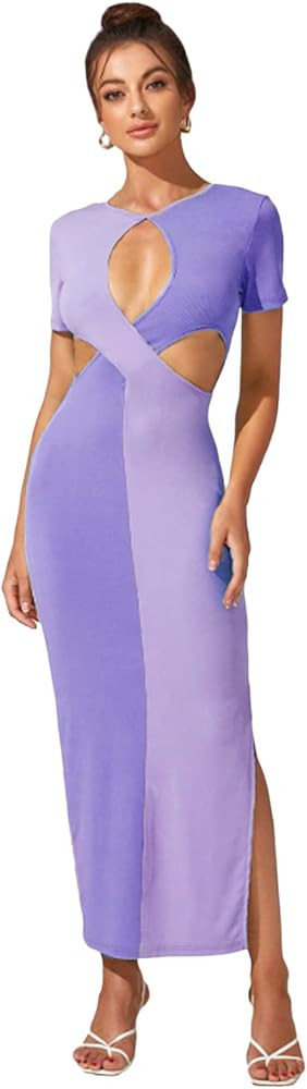 WDIRARA Women's Sexy Cut Out Keyhole Front Dress Split Side Hem Colorblock Short Sleeve Bodycon Casu | Amazon (US)
