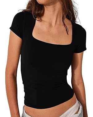 RONGCAT Womens Square Neck Short Sleeve Crop Top Double Lined Slim Fitted Basic Tee Going Out Cut... | Amazon (US)