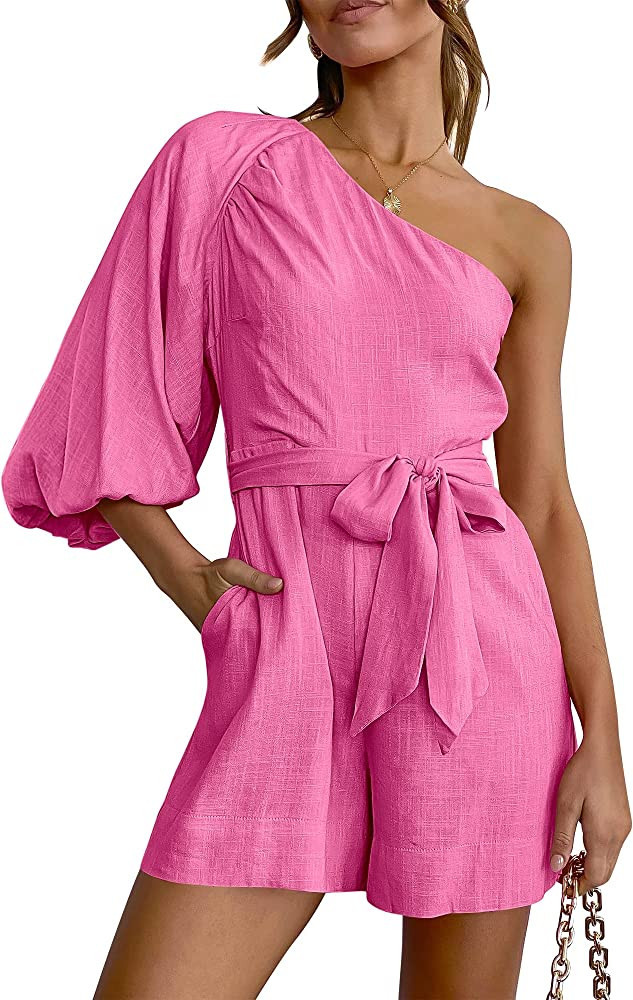 ANRABESS Women's Summer Casual One Shoulder 3/4 Puff Sleeve Tie Waist Short Jumpsuit Romper Outfi... | Amazon (US)