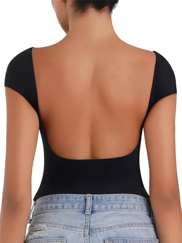 Sunzel Open Back Tops for Women Sexy Going Out Top Double Lined Backless Shirt Y2K Crop Basic Tee Shirts for Casual Workout Black X-Large | Amazon (US)