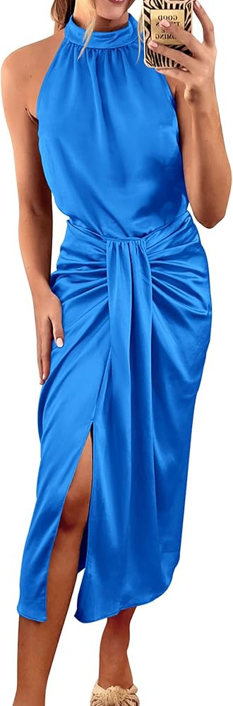 KIRUNDO Women 2024 Summer Satin Halter Ruched Bodycon Cocktail Dress Sleeveless Wrap Draped Slit ... | Amazon (US)