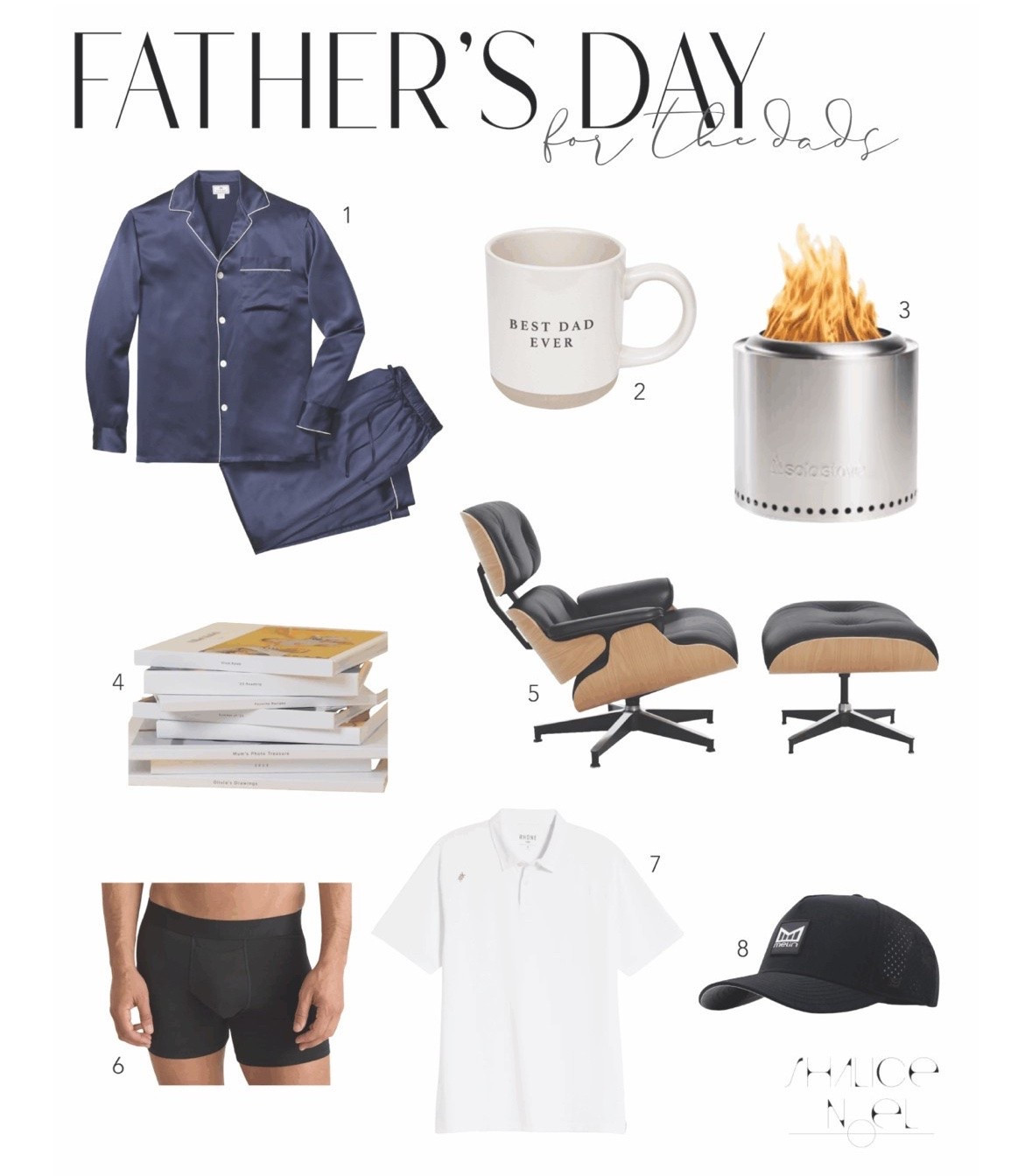 Father’s Day faves! 
Eames chair 
Fire pit 
Petite plume silk pjs 
Melin hat 
Organic cotton