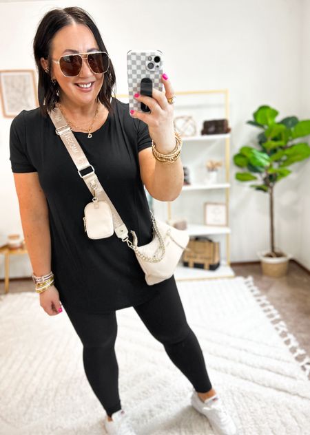 Tunic length tee from Amazon comes in a 2 pack!  XL in mine. Has the best length and is so soft and stretchy!  Perfect for all the layering. XL leggings. Sized up half a size in my Nikes. 

#LTKmidsize #LTKfindsunder50 #LTKSeasonal