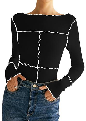 MISSACTIVER Women Lettuce Trim Fitted T-Shirt Boat Neck Long Sleeve Tee Shirts Y2K Tight Tops Sexy Going Out Tops Black | Amazon (US)