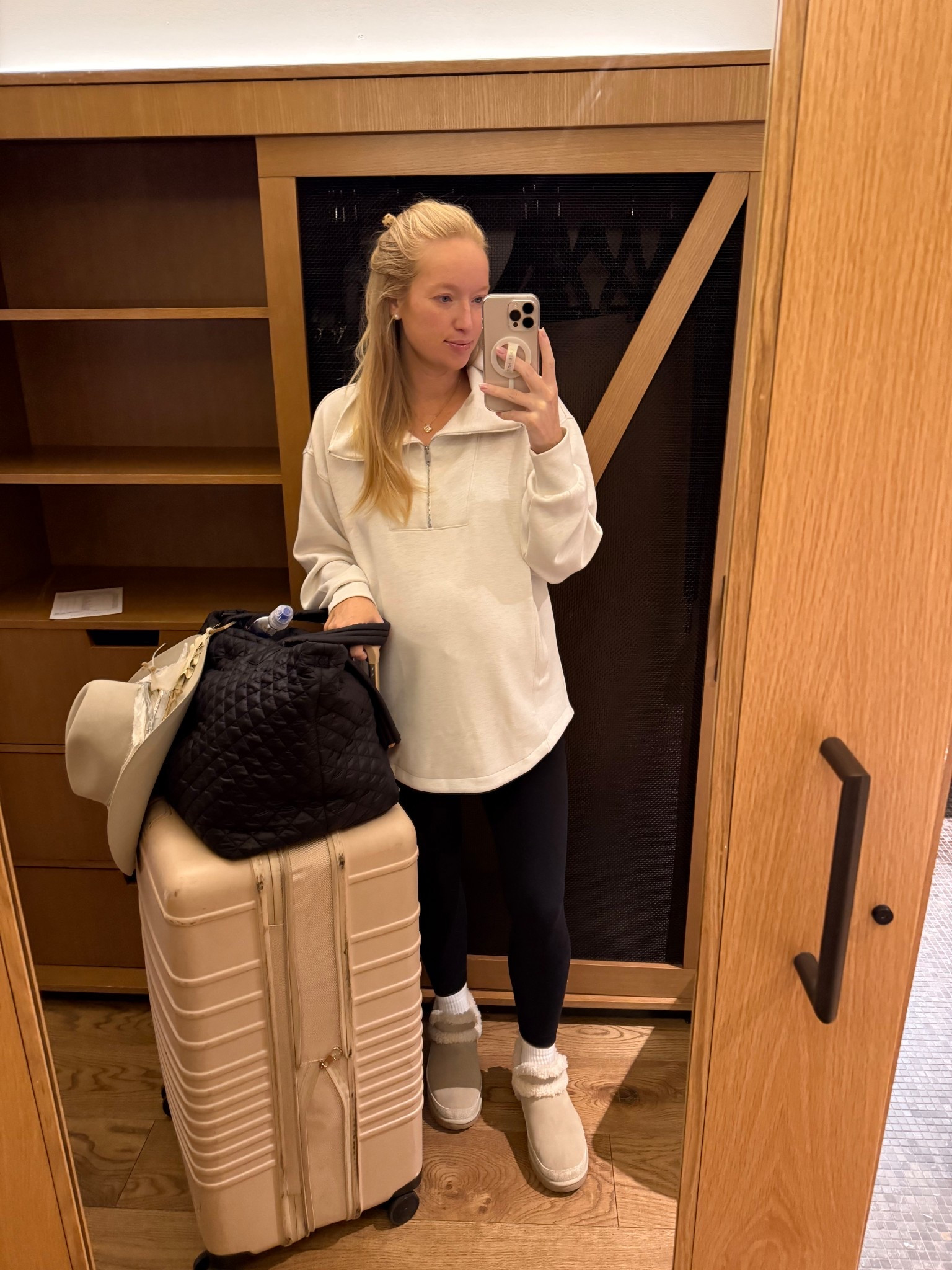 Cozy travel outfit for an early morning flight out of jackson hole! I’ll be hot when I get back to Atlanta but I like to be covered up on planes. I recommend spraying your Uggs with suede protector esp if you plan to wear them for travel. Dirty luggage wheels will stain them! I was really careful wearing mine knowing I haven’t sprayed them yet. But these Uggs are still in stock in the Nordstrom anniversary sale! I got my normal Ugg size (if you’re a half size go with the next size up). Also linking some of my travel essentials here too! 

Luggage // travel tote // carry on tote // comfy leggings // bump friendly leggings // bump friendly outfit // postpartum outfits 

#LTKTravel #LTKSaleAlert