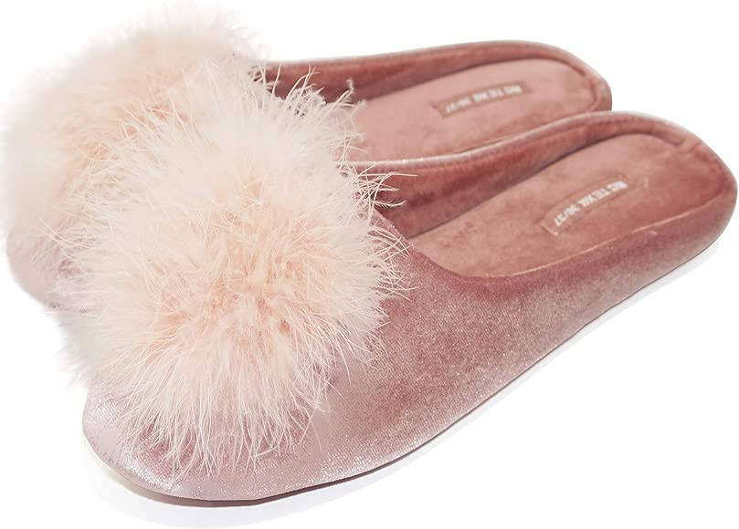 Lady's Cozy Velvet Slippers with Fluffy Pom Pom Feather, House Bedroom Shoes with Memory Foam Fla... | Amazon (US)