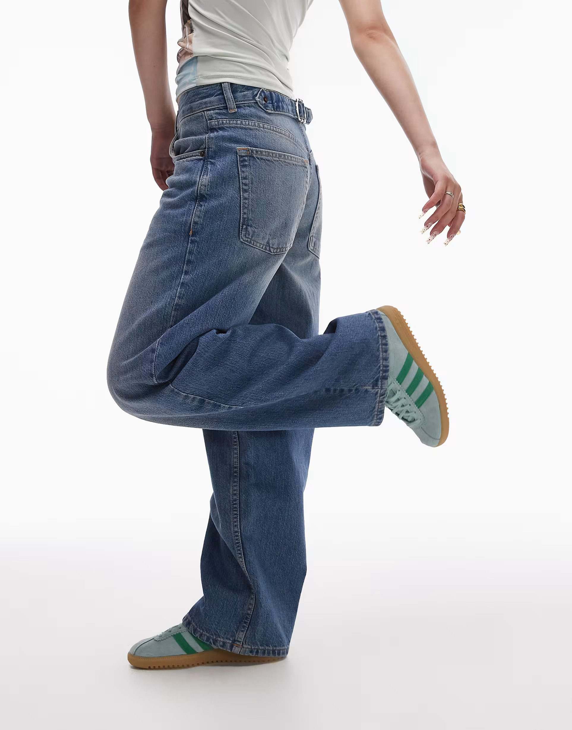Topshop Petite low rise Cinch back jeans in mid blue | ASOS | ASOS (Global)