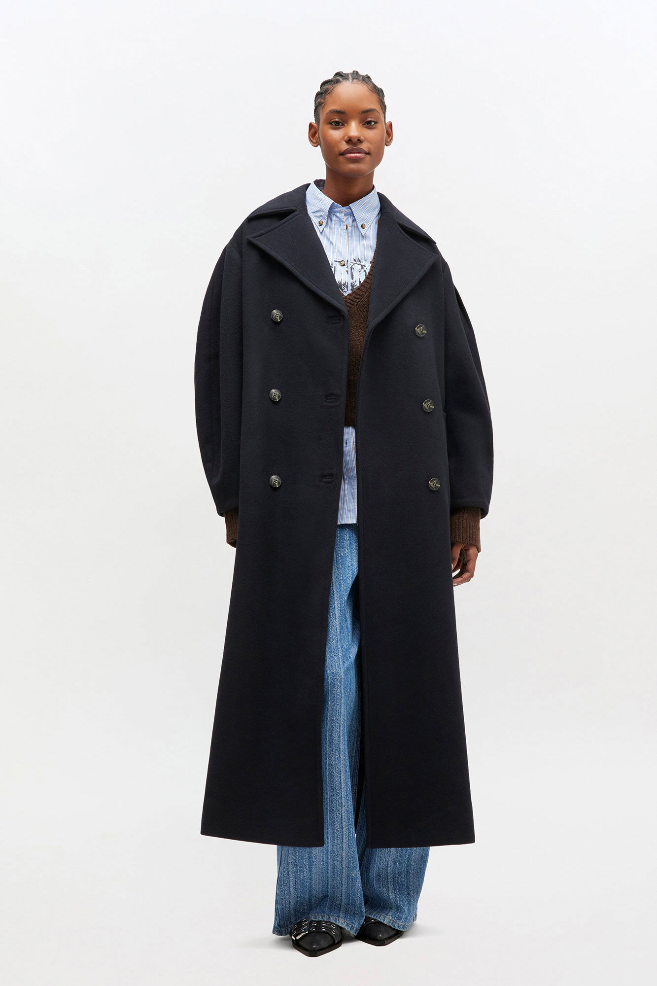 Dark Blue Wool Oversized Long Peacoat | Ganni