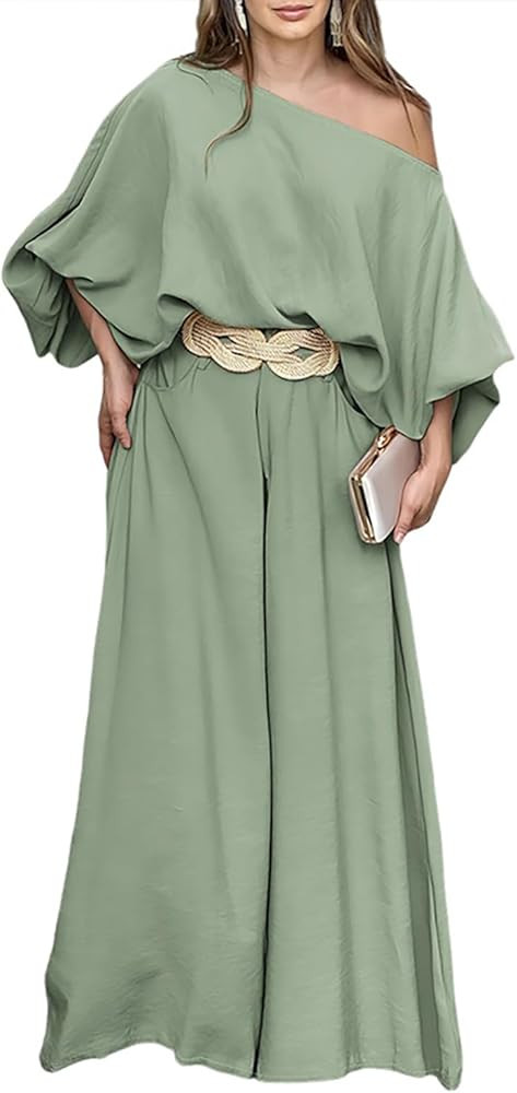 CHICME Women Summer 2 Piece Outfits Off Shoulder Lantern Sleeve Top Flowy Wide Leg Pants Set | Amazon (US)