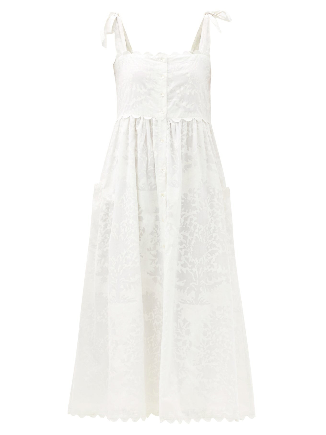 Tie-shoulder scalloped-edge printed cotton dress | Matches (US)