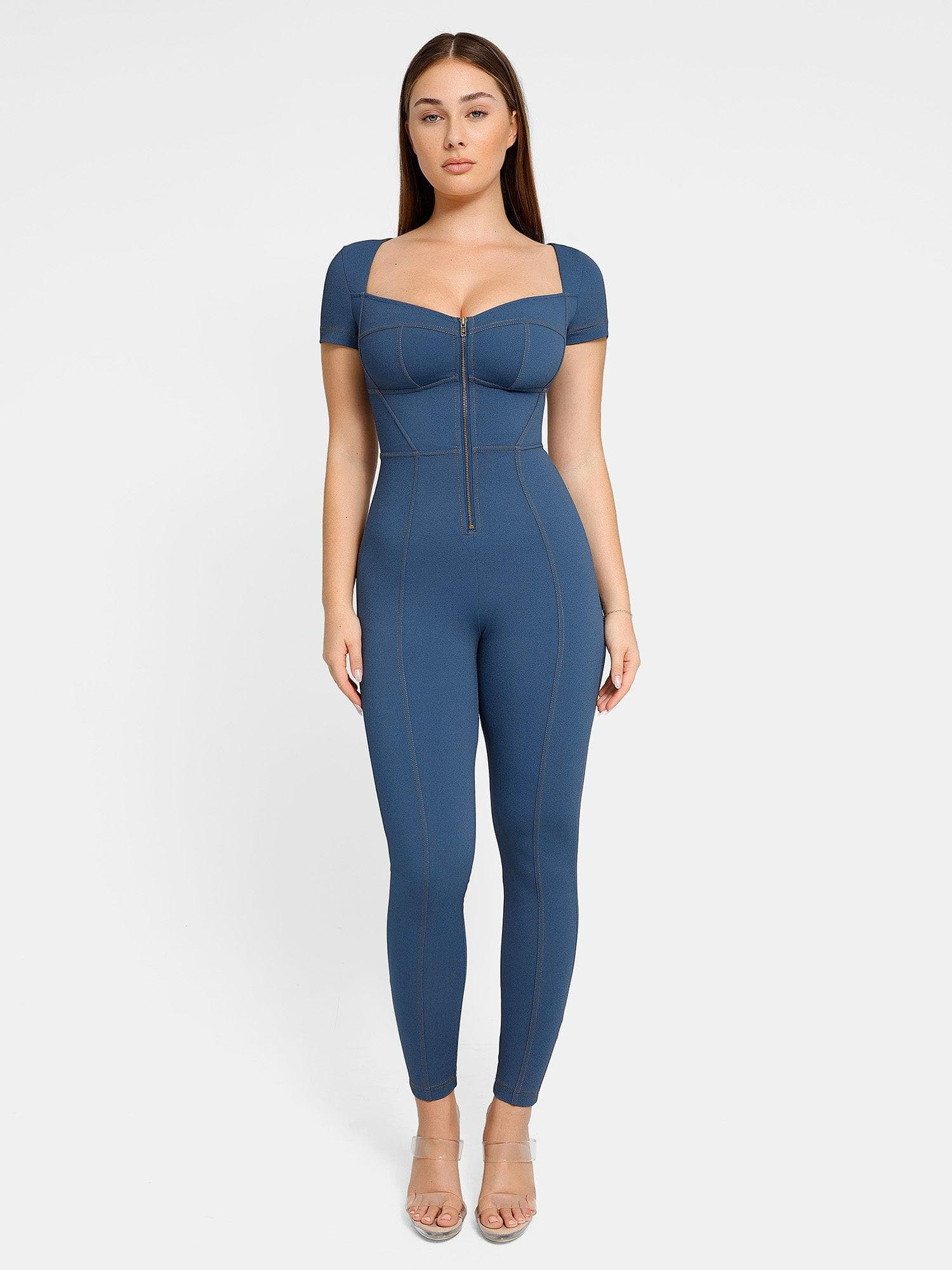 Shapewear Denim Short Sleeve Zip Front Butt Lift Jumpsuit | Popilush