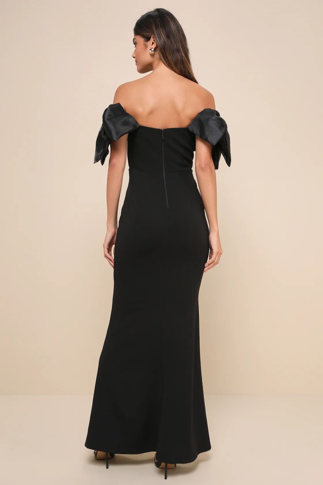 Pristine Sensation Black Bow Off-the-Shoulder Maxi Dress | Lulus