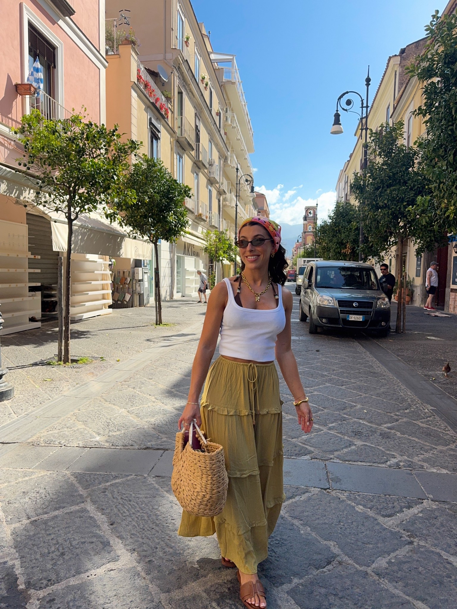 Holiday outfit, maxi skirt, petite maxi skirt, frill skirt, free people, tiered maxi, white vest, petite style, Pinterest inspired, headscarf, tkmaxx, asos, miss selfridge, oval sunglasses, H&M, sandals, easy outfits, what to wear when you have nothing to wear, simple outfit, khaki green, chunky jewellery, statement jewellery, gold, personalised

#LTKsummer #LTKuk #LTKeurope