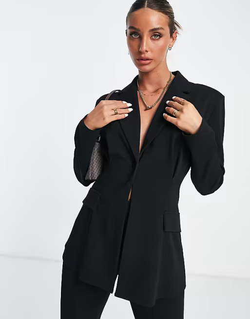 ASOS DESIGN jersey suit strong shoulder nipped waist blazer in black | ASOS (Global)