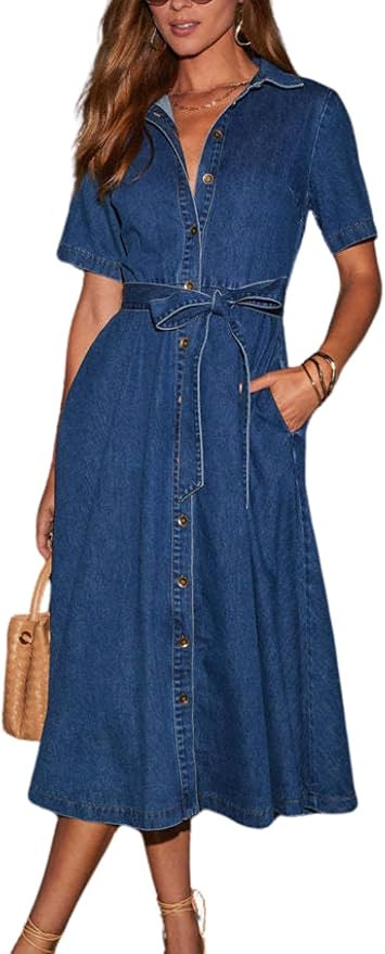 chouyatou Women Summer Belted Button Down Denim Shirt Dress Business Casual Short Sleeve Jean Shi... | Amazon (US)
