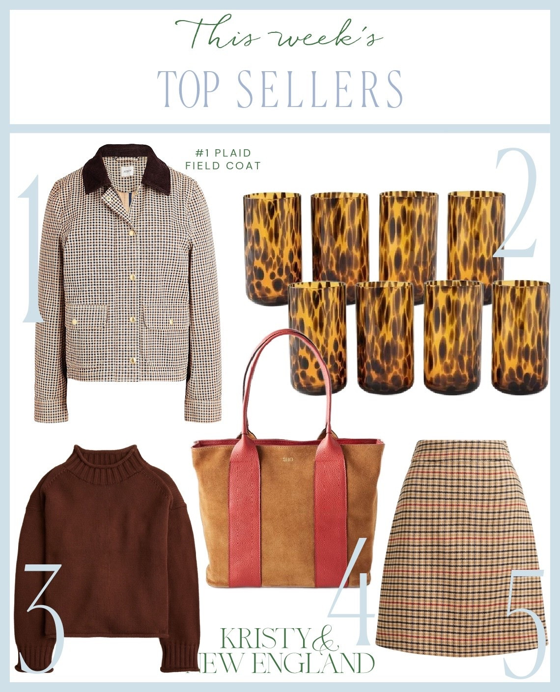 Top Sellers of the Week #1 Plaid Field Coat #2 Tortoise Glassware #3 Brown Rollneck Sweater #4 Suede & Red Leather Bag #5 Houndstooth Skirt

#LTKOver40 #LTKItBag #LTKSaleAlert